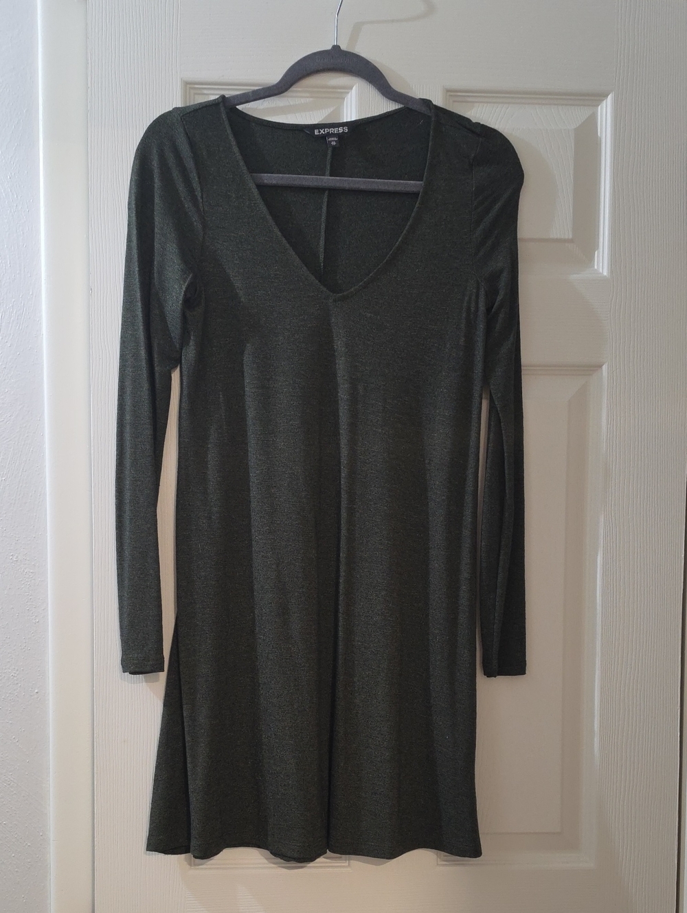 Express Women's Dark Olive V-Neck Long Sleeve Dress